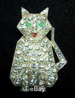 Vintage Art Deco Silver Red Green Enamel Diamond Paste Rhinestone Cat Pin Brooch