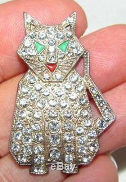 Vintage Art Deco Silver Red Green Enamel Diamond Paste Rhinestone Cat Pin Brooch