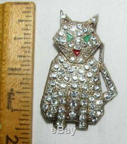 Vintage Art Deco Silver Red Green Enamel Diamond Paste Rhinestone Cat Pin Brooch