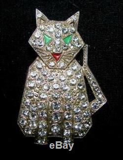 Vintage Art Deco Silver Red Green Enamel Diamond Paste Rhinestone Cat Pin Brooch