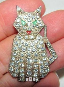 Vintage Art Deco Silver Red Green Enamel Diamond Paste Rhinestone Cat Pin Brooch