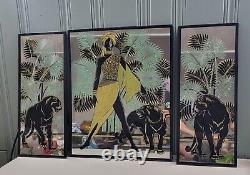 Vintage Art Deco Style 3 Panel Mirror Sunwest Screen Graphics Panther Cat