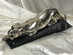 Vintage Art Deco Style Silver Bronze Cheetah Wild Animal Cat Marble Base Statue