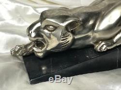 Vintage Art Deco Style Silver Bronze Cheetah Wild Animal Cat Marble Base Statue