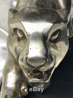 Vintage Art Deco Style Silver Bronze Cheetah Wild Animal Cat Marble Base Statue