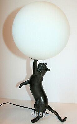Vintage Art Deco Table Lamp Cast Bronze Cat Playing With Ball Working PAT Tested