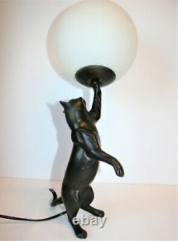 Vintage Art Deco Table Lamp Cast Bronze Cat Playing With Ball Working PAT Tested