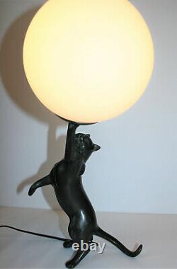 Vintage Art Deco Table Lamp Cast Bronze Cat Playing With Ball Working PAT Tested