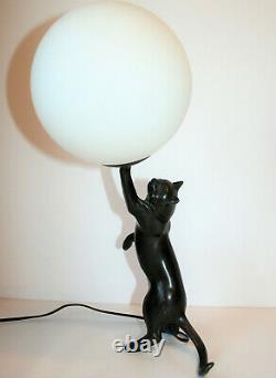 Vintage Art Deco Table Lamp Cast Bronze Cat Playing With Ball Working PAT Tested