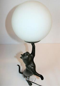 Vintage Art Deco Table Lamp Cast Bronze Cat Playing With Ball Working PAT Tested