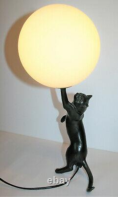 Vintage Art Deco Table Lamp Cast Bronze Cat Playing With Ball Working PAT Tested