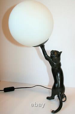 Vintage Art Deco Table Lamp Cast Bronze Cat Playing With Ball Working PAT Tested