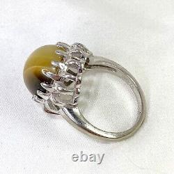 Vintage Art Deco Yellow Honey Cats Eye 10k White Gold Oval Solitaire Ring Sz 6.5