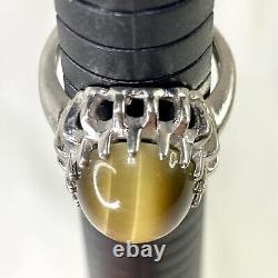 Vintage Art Deco Yellow Honey Cats Eye 10k White Gold Oval Solitaire Ring Sz 6.5