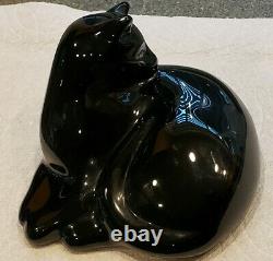 Vintage BACCARAT France Crystal Black Cat Grooming Figurine Paperwt