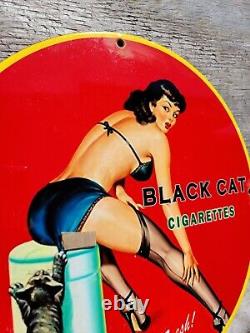 Vintage Black Cat Cigarette Porcelain Sign Model Girl Art Deco Tobacco Gas Oil
