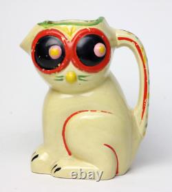 Vintage Bohemian Czech Art Deco Googly Cat Ceramic Pitcher 1930