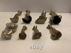 Vintage Brass Set Of 8 Cats Siamese Figurines Tall Neck Art Deco Mid Century