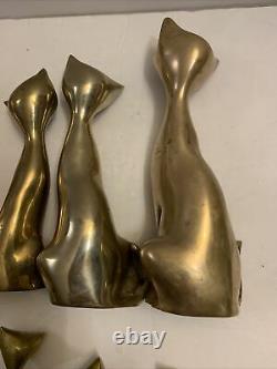 Vintage Brass Set Of 8 Cats Siamese Figurines Tall Neck Art Deco Mid Century