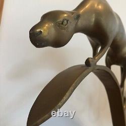 Vintage Brass Stalking Cat Panther Jaguar Statue Modern Art Deco Metal Sculpture