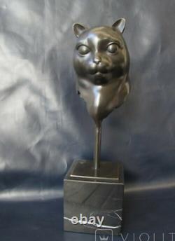 Vintage Bronze Cat Sculpture Marble Statue Face Figurine Art Rare Old 20th