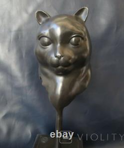 Vintage Bronze Cat Sculpture Marble Statue Face Figurine Art Rare Old 20th
