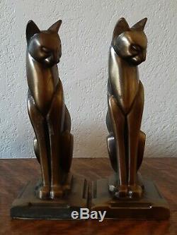 Vintage Bronze Color Art Deco Cubist Egyptian Cat Siamese Bookends Frankart Era