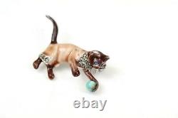 Vintage Cat Brooch Enamel Marcasite and Blue Stone Circa 1930