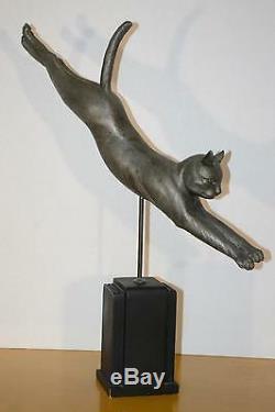 Vintage Cat Jumping Statue Sculpture Alloy Art Deco Mod Beautiful White Metal