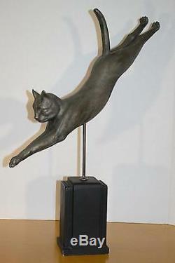 Vintage Cat Jumping Statue Sculpture Alloy Art Deco Mod Beautiful White Metal