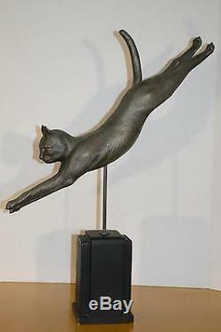 Vintage Cat Jumping Statue Sculpture Alloy Art Deco Mod Beautiful White Metal