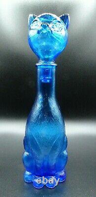 Vintage Empoli Inspired MCM Blue Glass Cat Shaped Bottle Decanter 14 1/4 H