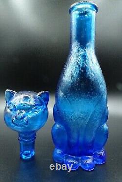 Vintage Empoli Inspired MCM Blue Glass Cat Shaped Bottle Decanter 14 1/4 H