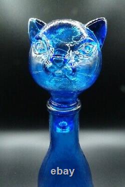Vintage Empoli Inspired MCM Blue Glass Cat Shaped Bottle Decanter 14 1/4 H