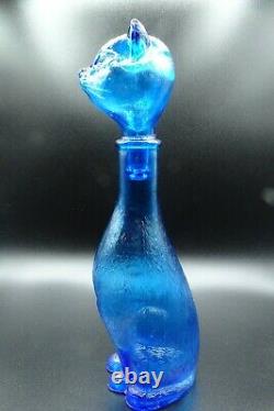 Vintage Empoli Inspired MCM Blue Glass Cat Shaped Bottle Decanter 14 1/4 H