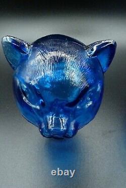 Vintage Empoli Inspired MCM Blue Glass Cat Shaped Bottle Decanter 14 1/4 H