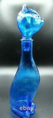 Vintage Empoli Inspired MCM Blue Glass Cat Shaped Bottle Decanter 14 1/4 H