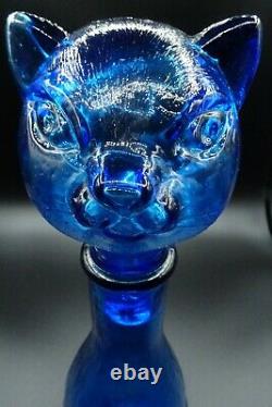 Vintage Empoli Inspired MCM Blue Glass Cat Shaped Bottle Decanter 14 1/4 H