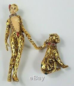 Vintage Erte Art Deco'GIULIETTA' Leopard Lady Big Cat On Crystal Leash Rare