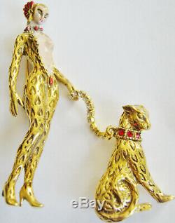 Vintage Erte Art Deco'giulietta' Leopard Lady Pin, Big Cat On Crystal Leash