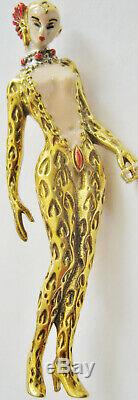 Vintage Erte Art Deco'giulietta' Leopard Lady Pin, Big Cat On Crystal Leash