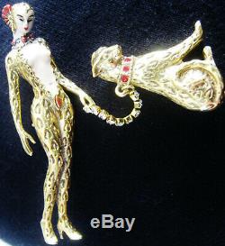 Vintage Erte Art Deco'giulietta' Leopard Lady Pin, Big Cat On Crystal Leash