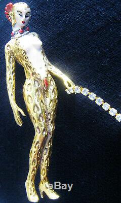 Vintage Erte Art Deco'giulietta' Leopard Lady Pin, Big Cat On Crystal Leash