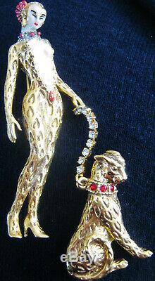 Vintage Erte Art Deco'giulietta' Leopard Lady Pin, Big Cat On Crystal Leash