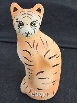 Vintage Fenton Art Glass Stylized Jungle Cat Hand Painted By Kitty Riley