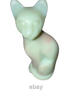 Vintage Fenton Winter Green Pink Milk Glass Cat Figurine 5 tall RARE