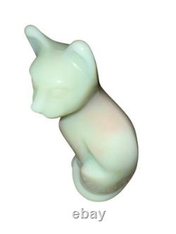 Vintage Fenton Winter Green Pink Milk Glass Cat Figurine 5 tall RARE