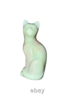 Vintage Fenton Winter Green Pink Milk Glass Cat Figurine 5 tall RARE