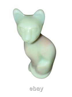 Vintage Fenton Winter Green Pink Milk Glass Cat Figurine 5 tall RARE
