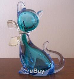 Vintage Glass Murano Siamese Cat Blue Gold Bow 6 1/4 inch tall Museum Quality